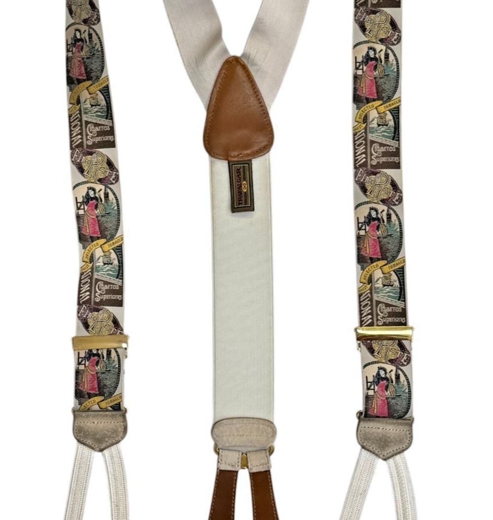 Trafalgar Silk Suspenders Cigarros Superiores Tobacco Print Leather Button Ends
